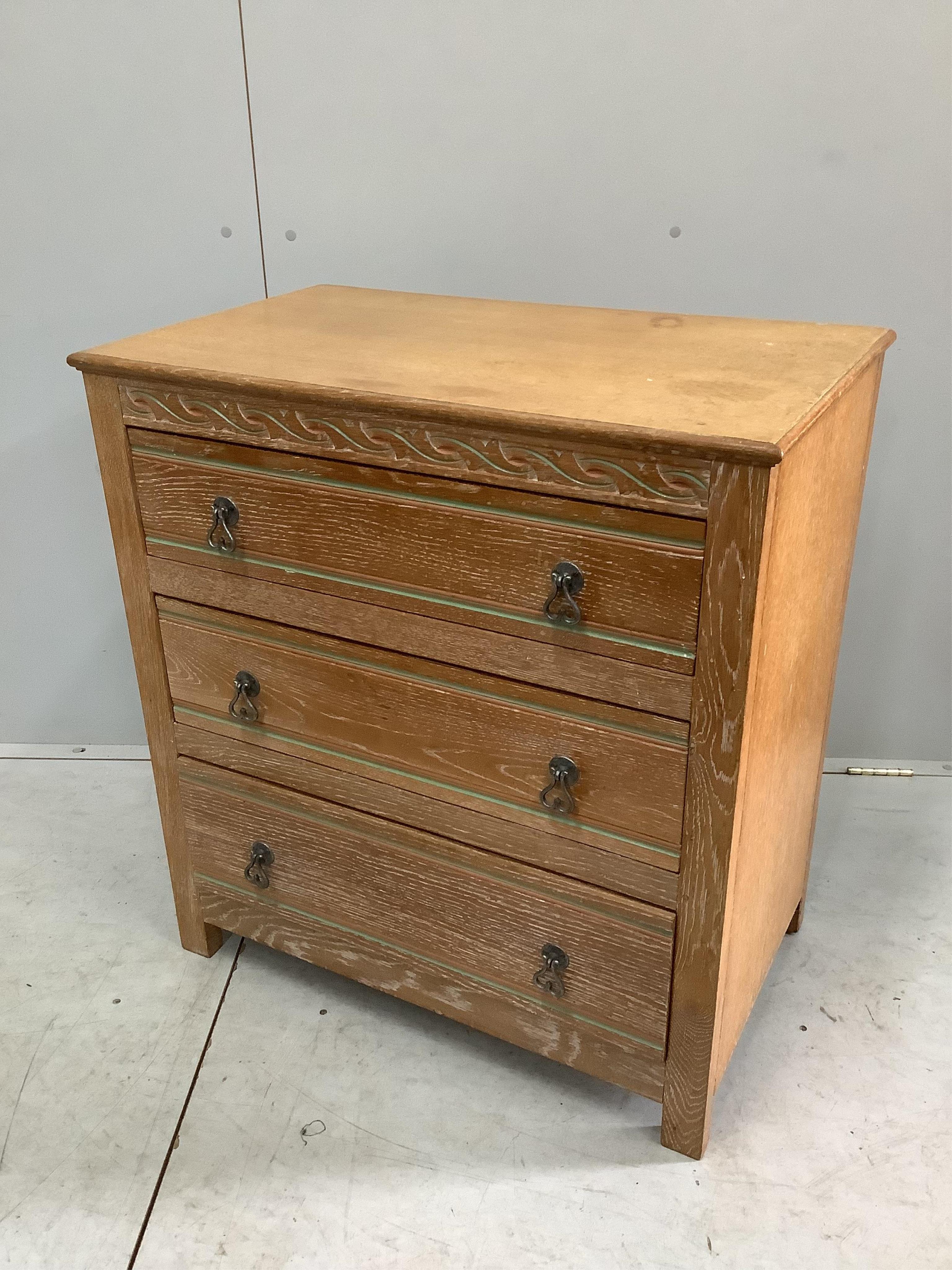 A painted limed oak eight piece bedroom suite, comprising a pair of three drawer chests, pair of bedside cabinets, dressing table stool, wardrobe and headboard. Condition - fair